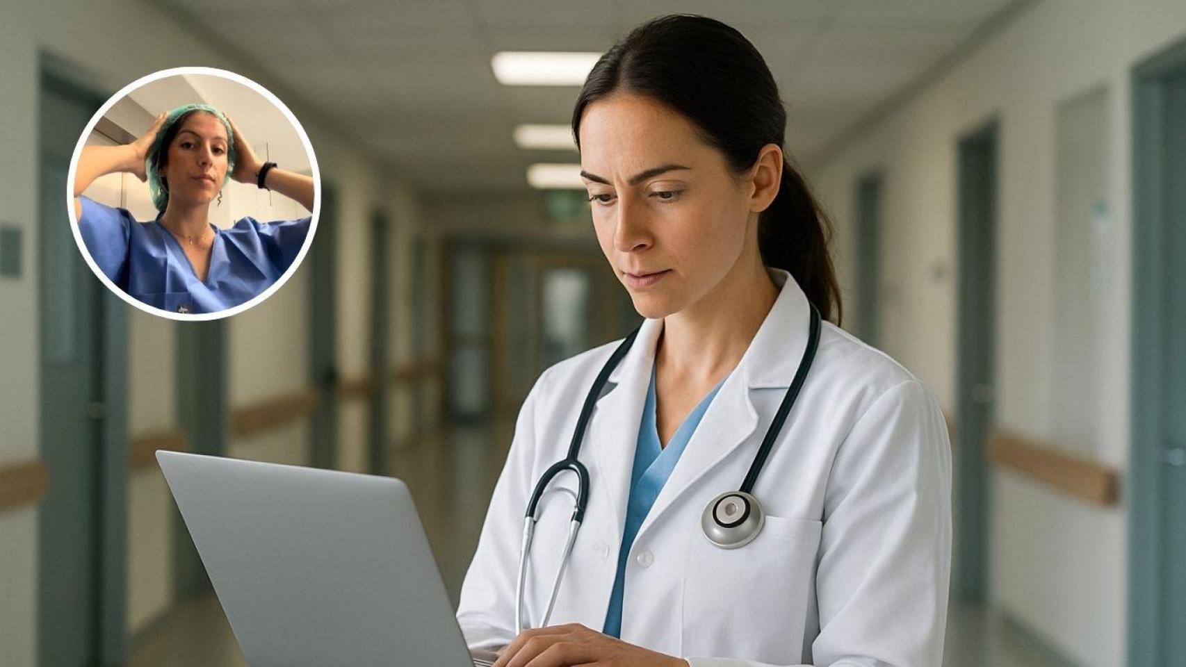 Montaje con Marisa, médica residente, y doctora trabajando en un hospital