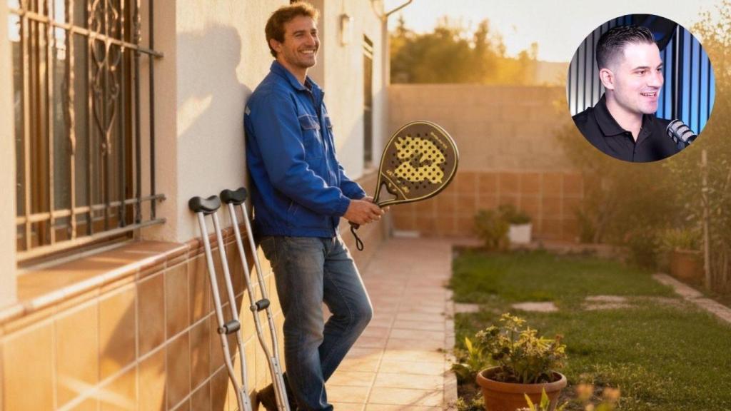 Fotomontaje del detective David Rodrigo y  un trabajador preparado para jugar al pádel tras dejar las muletas.