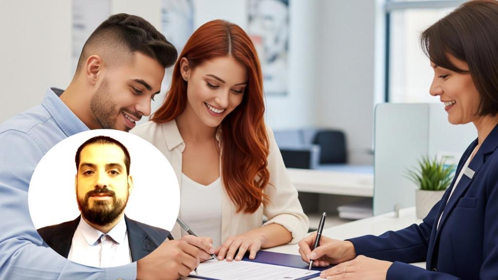 Montaje de David Cumplido con unos jóvenes firmando una hipoteca en una imagen creada con IA.