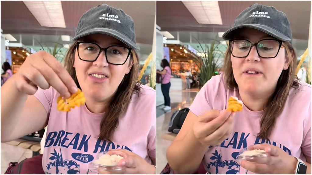 La Maleta de Carla (@lamaletadecarla) en T1 de Barcelona-El Prat mostrando unas waffle fries de The Hungry Club.