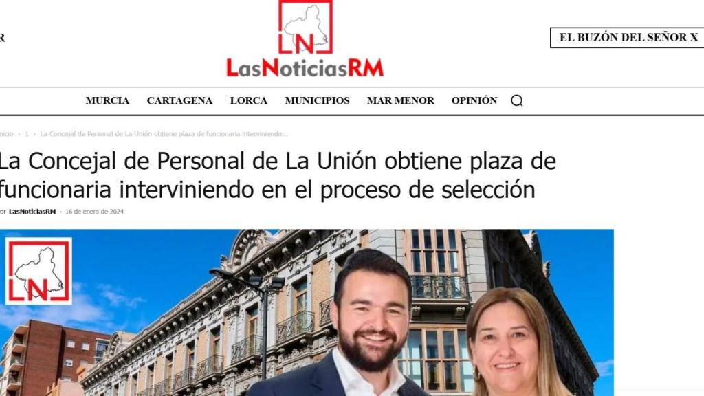 La noticia investigada por la Guardia Civil tras la denuncia de la concejal de Personal de La Unión.