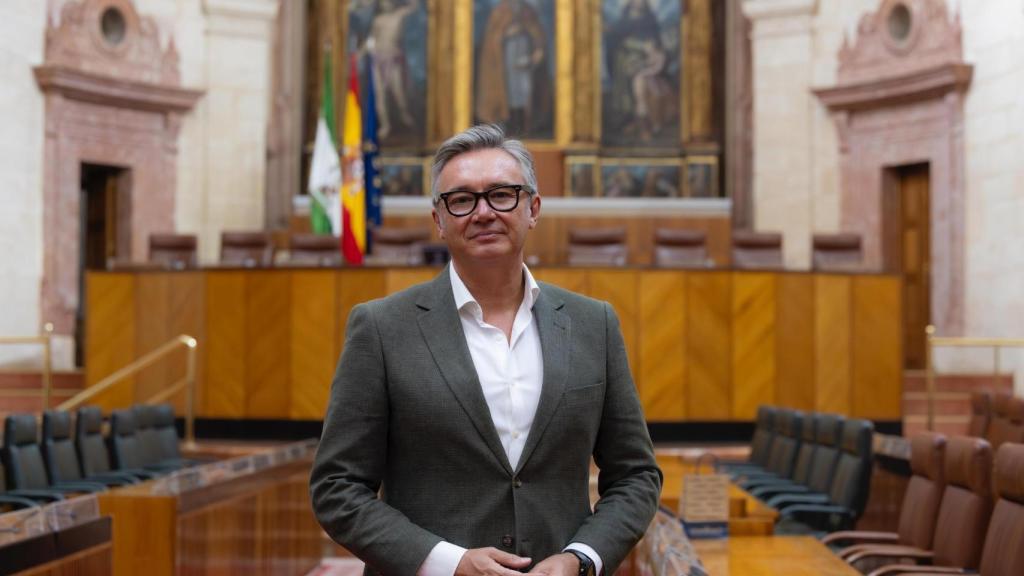 El portavoz de Vox, Manuel Gavira, posa en el plenario del Parlamento andaluz.