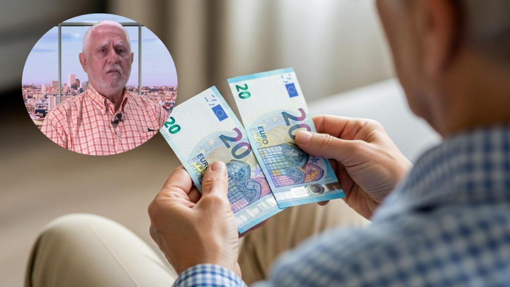 Montaje de Santiago Menchero con un jubilado contando dinero en una imagen creada con IA.