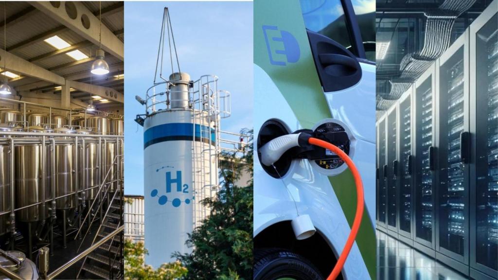 De izq. a dcha.: una fábrica de bebidas, un almacén de hidrógeno, un punto de recarga eléctrico y un centro de datos.