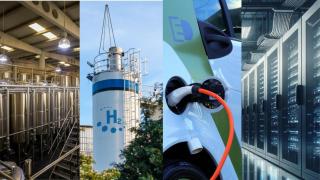 De izq. a dcha.: una fábrica de bebidas, un almacén de hidrógeno, un punto de recarga eléctrico y un centro de datos.