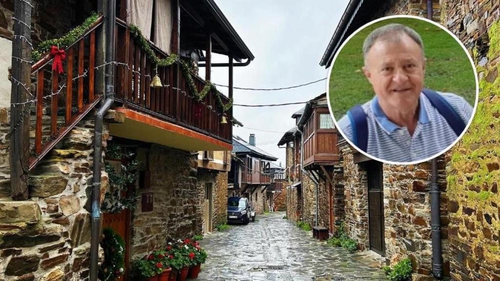 El municipio leonés de Espinoso de Compludo y el secretario de la Asociación de Vecinos El Nogalón, Rafael Pizarro, en un montaje de EL ESPAÑOL