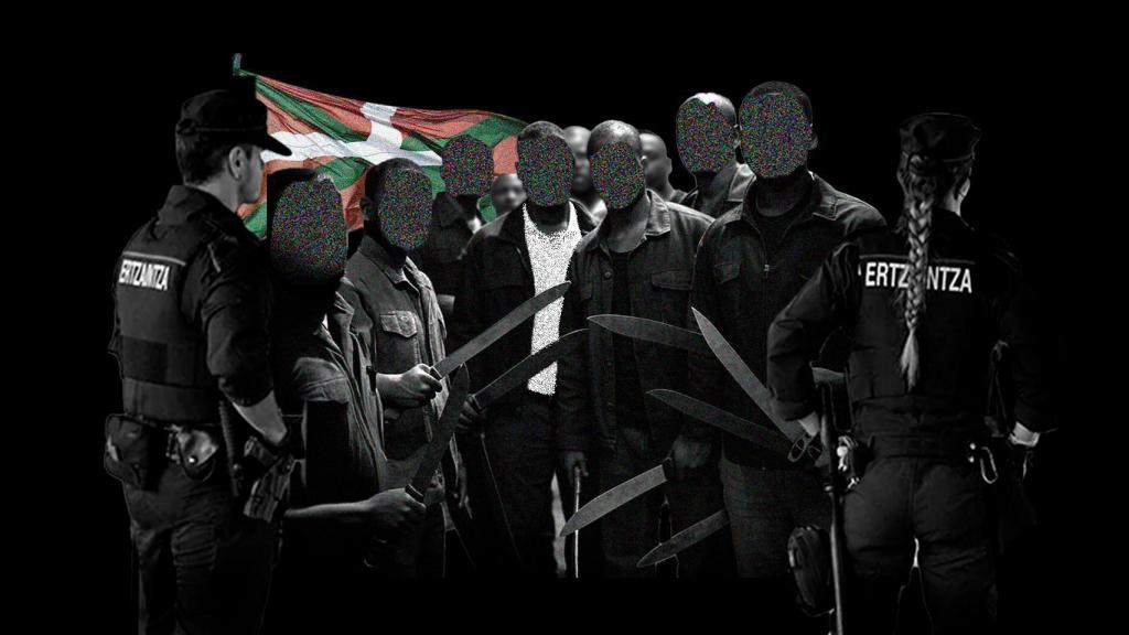 Una recreación hecha con IA de ertzainas deteniendo a un grupo de delincuentes con machetes en el País Vasco.