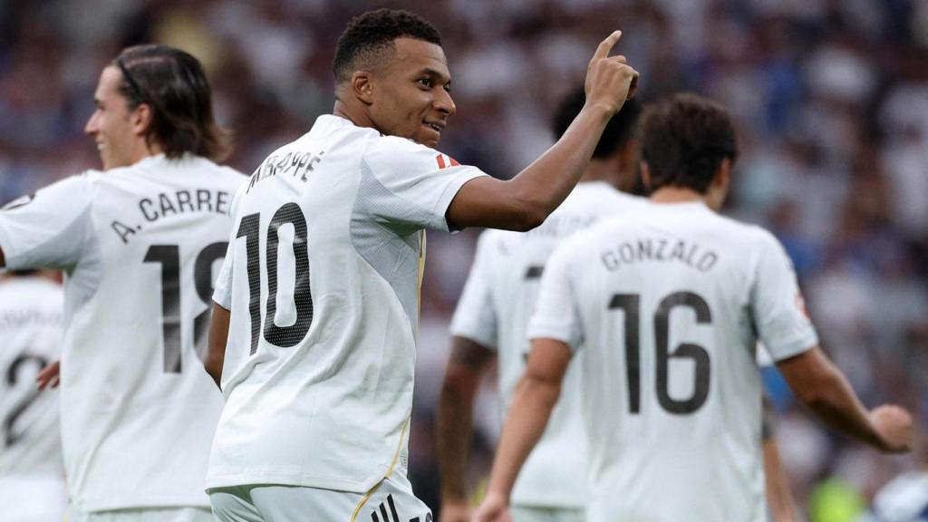 Mbappé celebra un gol con el Real Madrid.