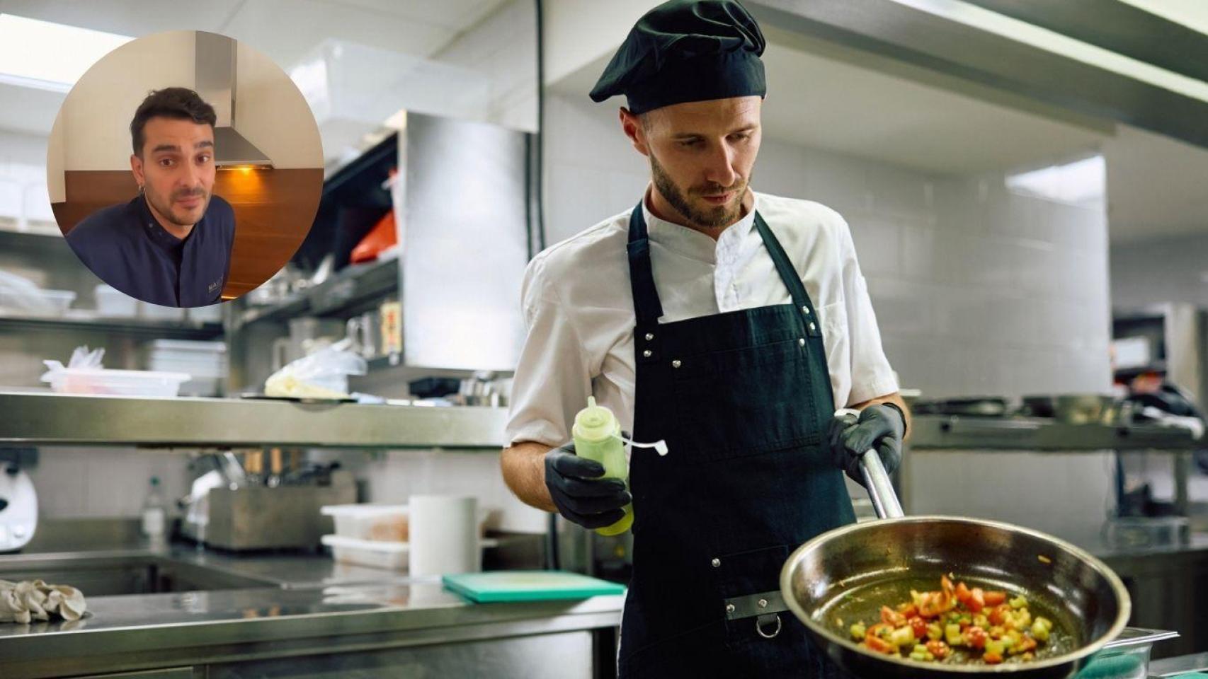 Fotomontaje del chef Carlos Maestre y un cocinero preparando un guiso en una sartén.