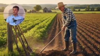 Fotomontaje de Chamorro, agricultor extremeño, y una imagen de un trabajando labrando el campo.