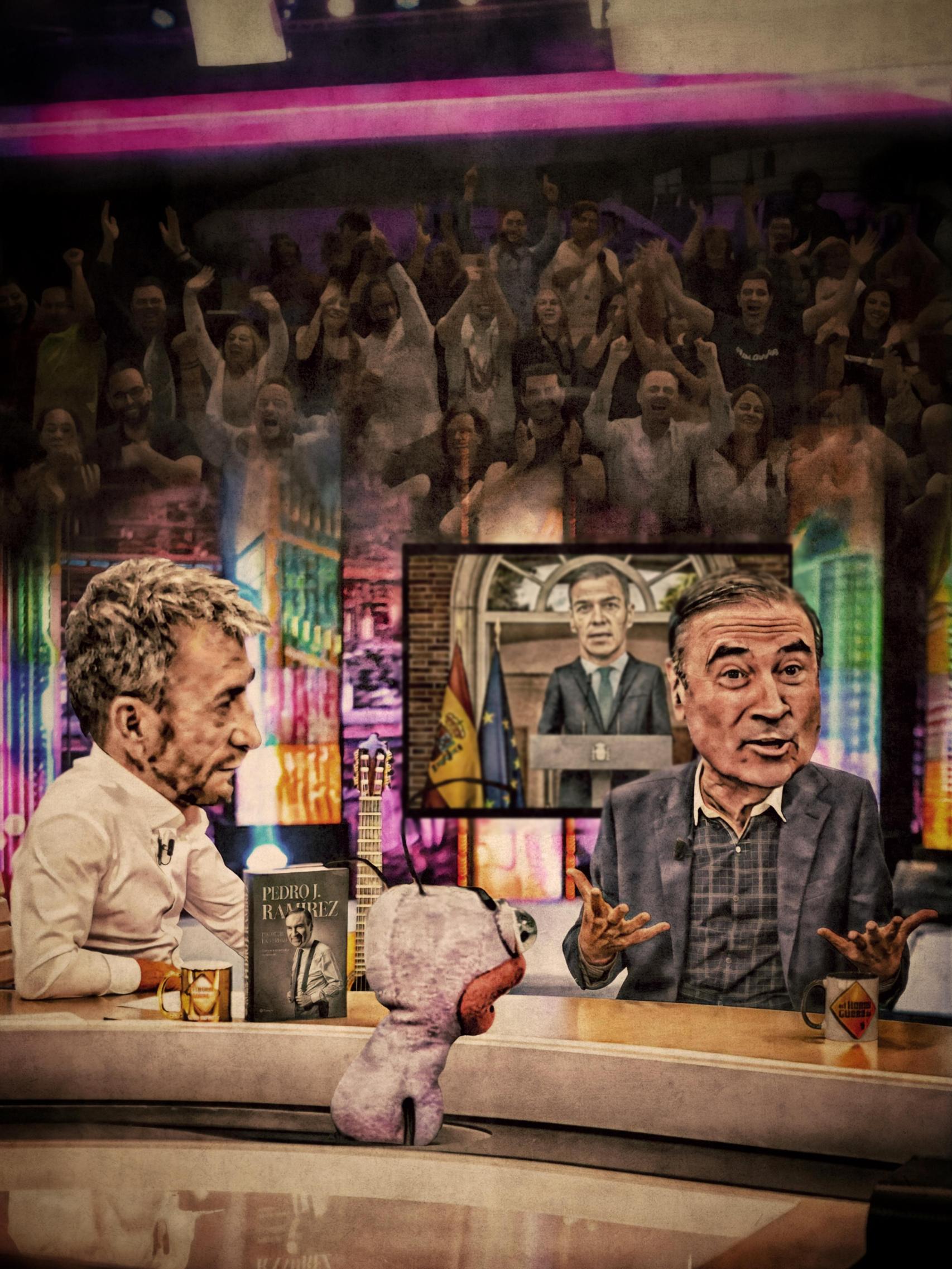 Ilustración de Pedro J. Ramírez con Pablo Motos en 'El Hormiguero'.