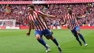 Julián Álvarez celebra uno de sus goles ante el Real Madrid.