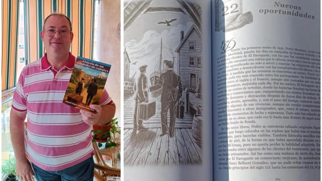 Montaje del escritor Miguel Ángel y una página de su nueva novela.