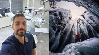 Imagen de Gerard en su clínica dental y durante una excursión en Islandia.