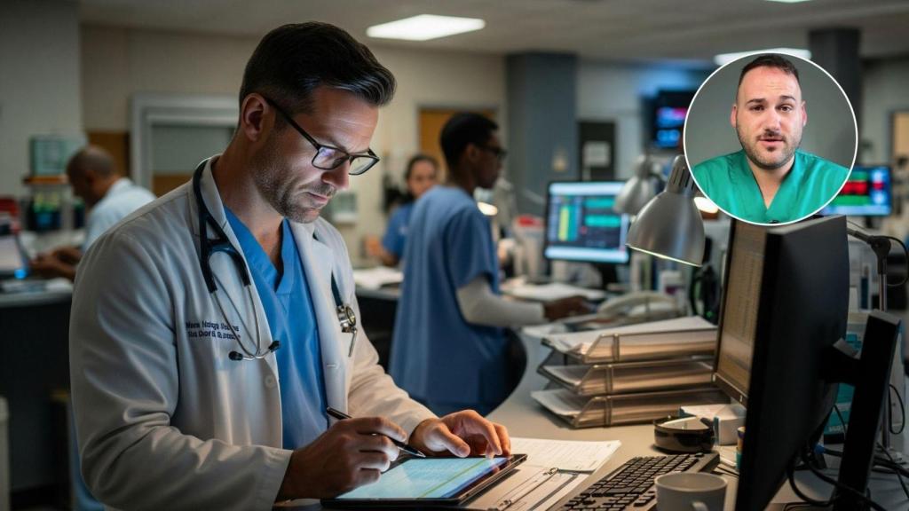 Imagen generada por IA de un médico de urgencias y Antonio Faus.