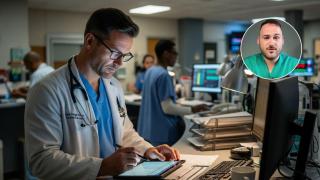 Imagen generada por IA de un médico de urgencias y Antonio Faus.