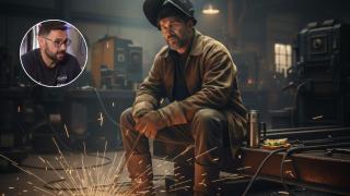 Sergio Bog y un soldador creado con IA.