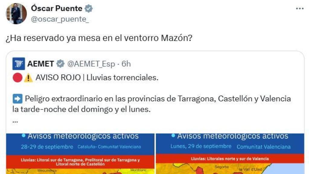 Mensaje del ministro Óscar Puente en su perfil de X ante la alerta roja de Aemet en Valencia. EE