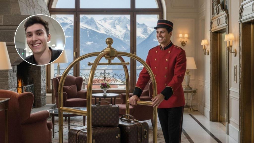 Daniel y un botones trabajando en un hotel hecho con IA.