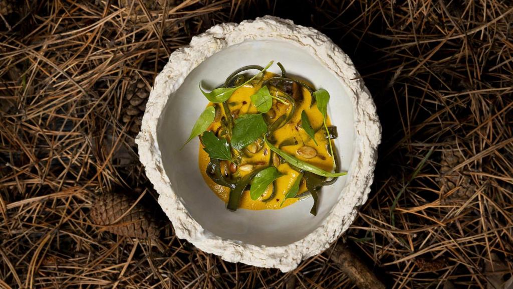 Montia Níscalo, algas y mantequilla de salvia y calabaza.