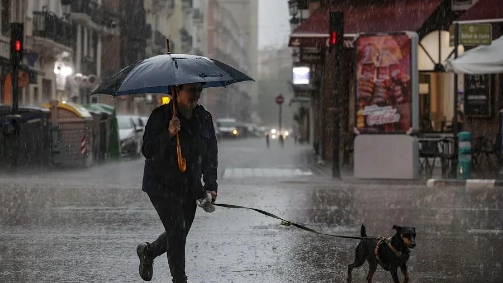 Una mujer pasea al perro bajo la lluvia en Valencia.