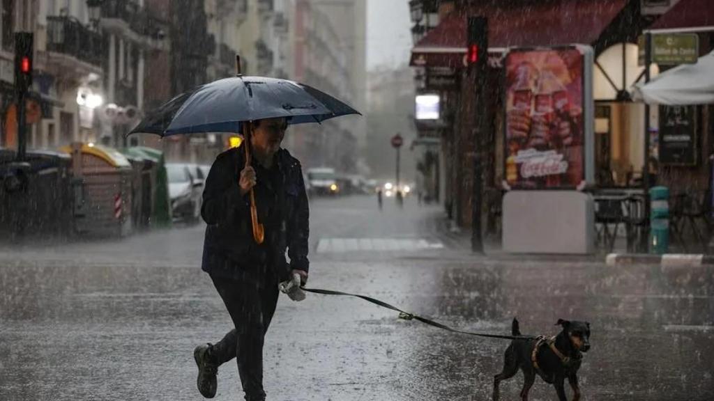 Una mujer pasea al perro bajo la lluvia en Valencia.
