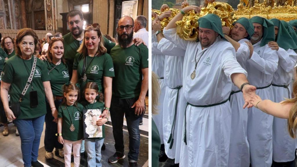 La familia posa con el cuadro (en manos de Victoria Esperanza) y a la derecha el tío de Victoria le da la mano desde el trono en Roma.
