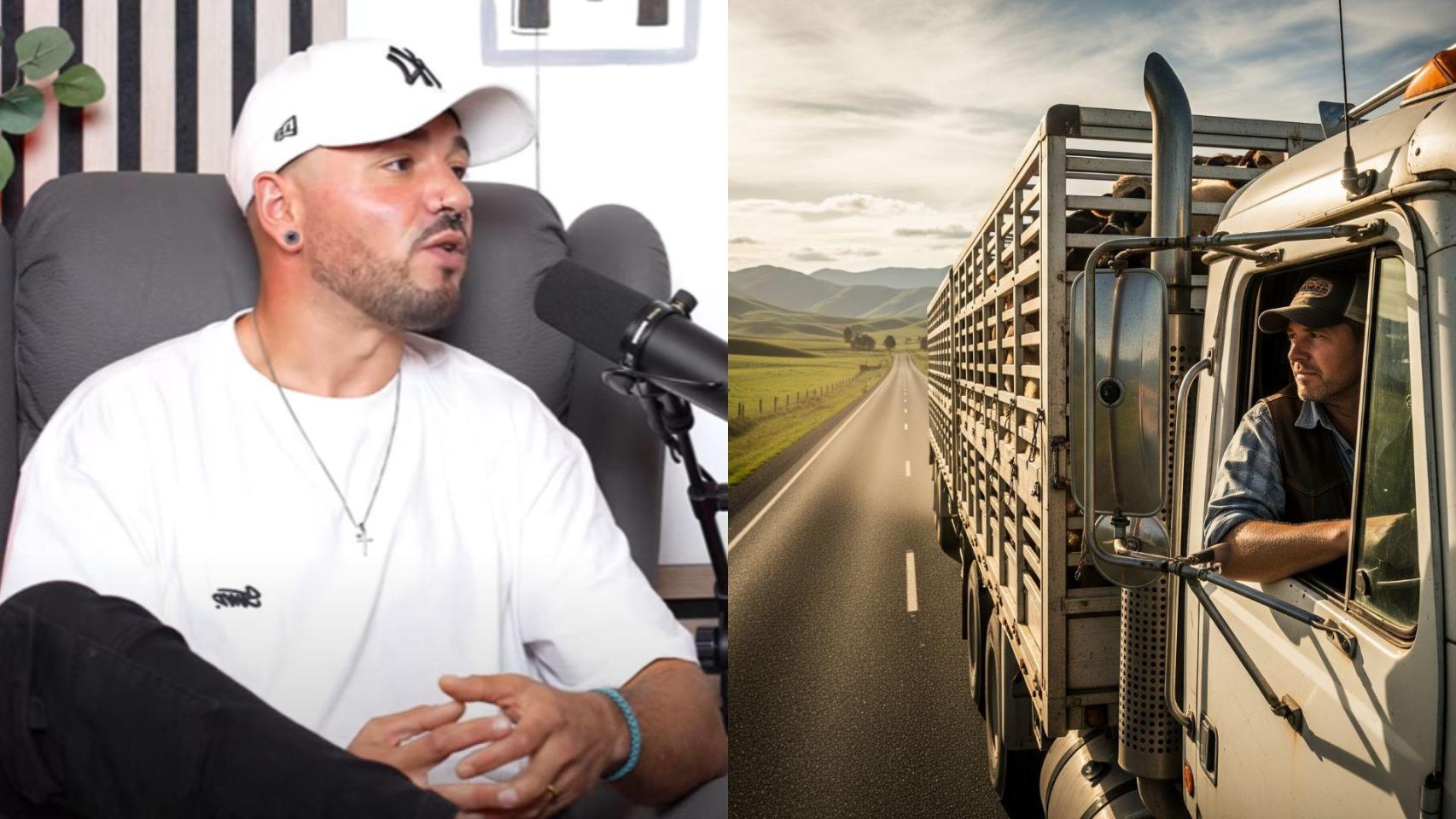 David el transportista y una imagen generada por IA de un camión con animales vivos.