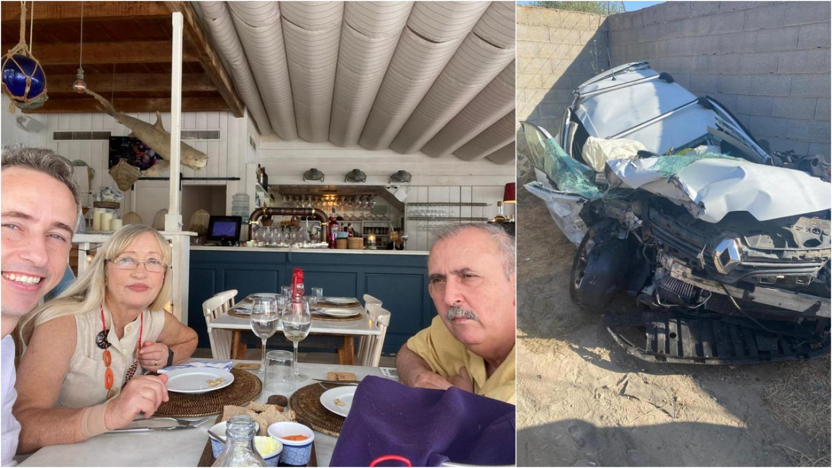 José Antonio, junto a su madre, Catalina, y su difunto padre, José. Al lado, una imagen del Renault Clio que conducía el cabeza de familia, convertido en siniestro total.