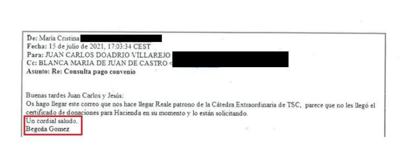 Correo firmado por Begoña Gómez dirigido a la UCM y enviado desde la cuenta de Cristina Álvarez.