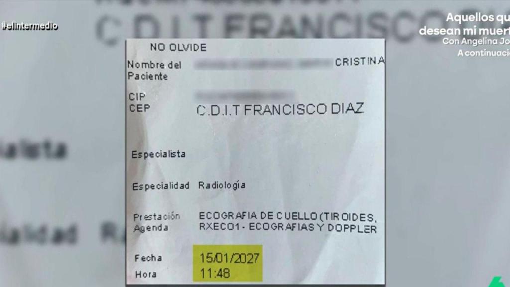 Imagen del recibo con la cita pautada para el 15 de enero del año 2025