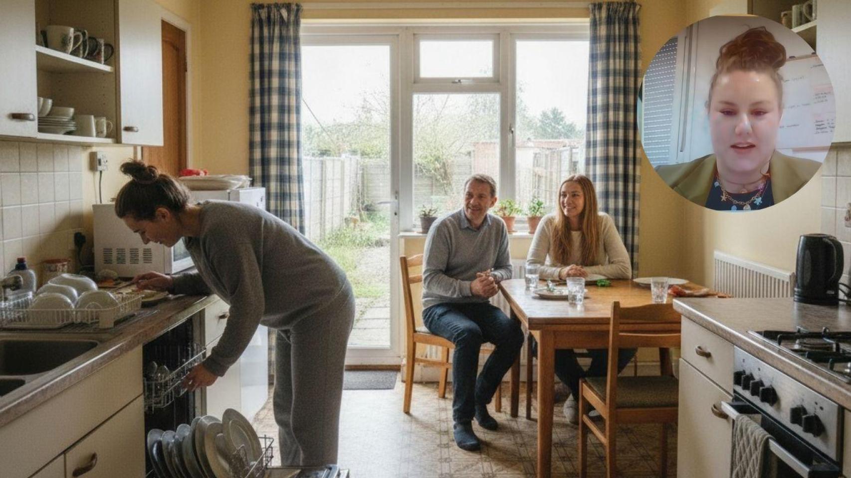 Fotomontaje de Lucía y una joven recogiendo los platos en casa de sus padres.