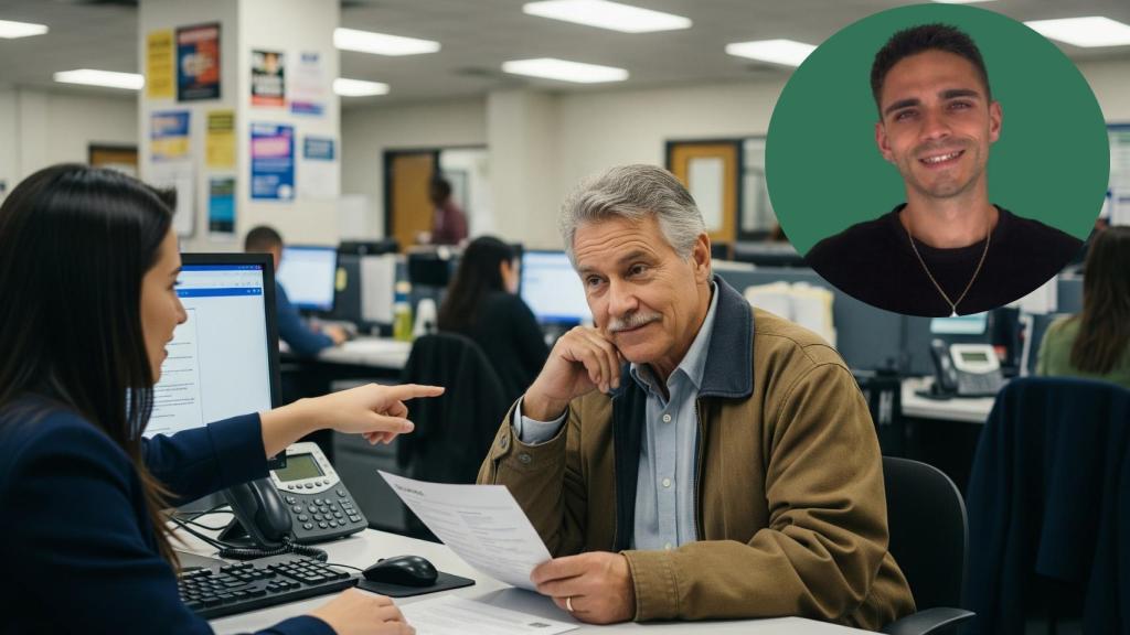 Montaje de Gerard Vázquez con una persona buscando empleo en una imagen creada con IA.