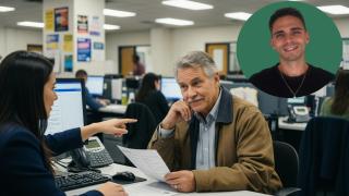 Montaje de Gerard Vázquez con una persona buscando empleo en una imagen creada con IA.