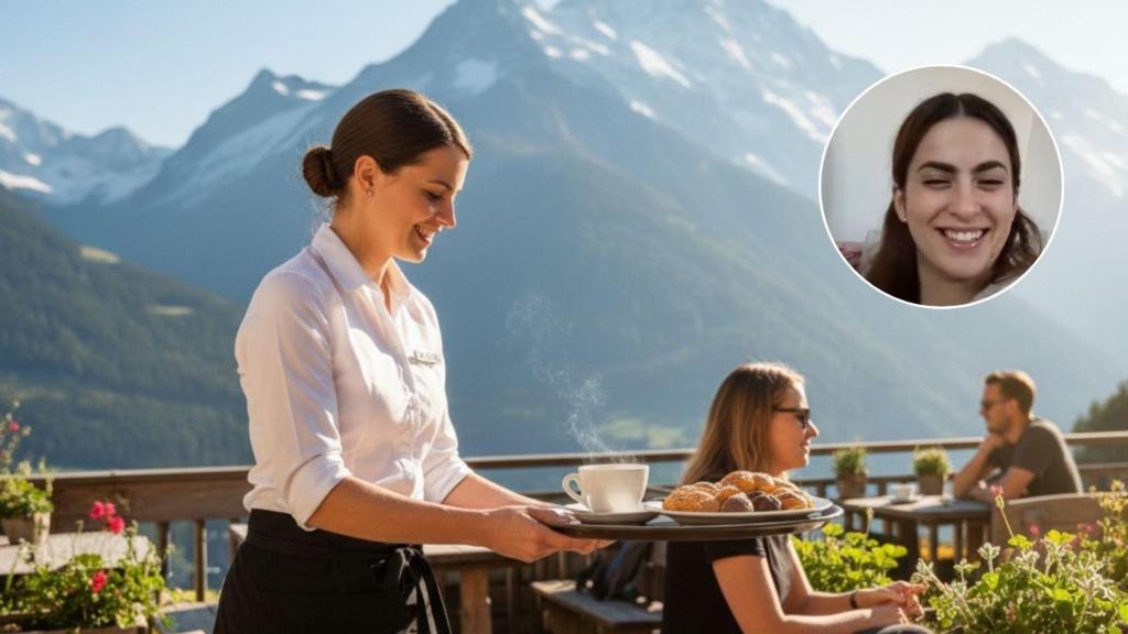 Sara Martínez y una camarera creada con IA.