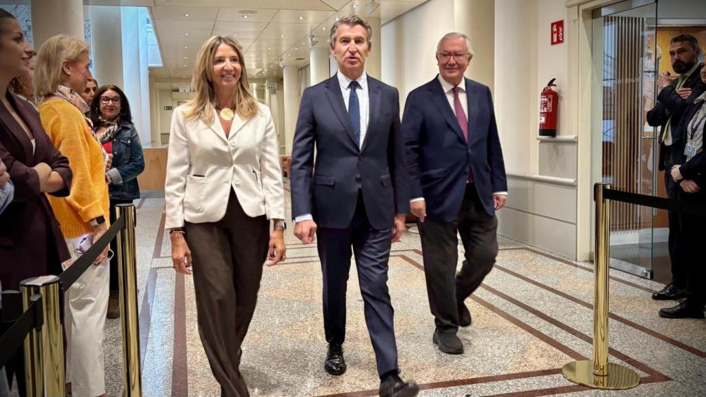 Alberto Núñez Feijóo, en el Senado, entre la portavoz del PP, Alicia García, y Javier Arenas, miembro de la direción popular.