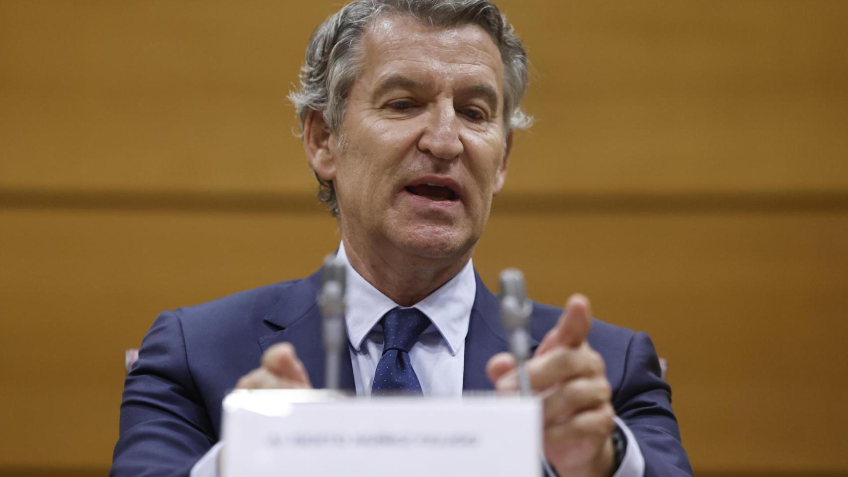 Alberto Núñez Feijóo, presidente del PP, este martes en la clausura de unas jornadas sobre Estado de derecho en el Senado.