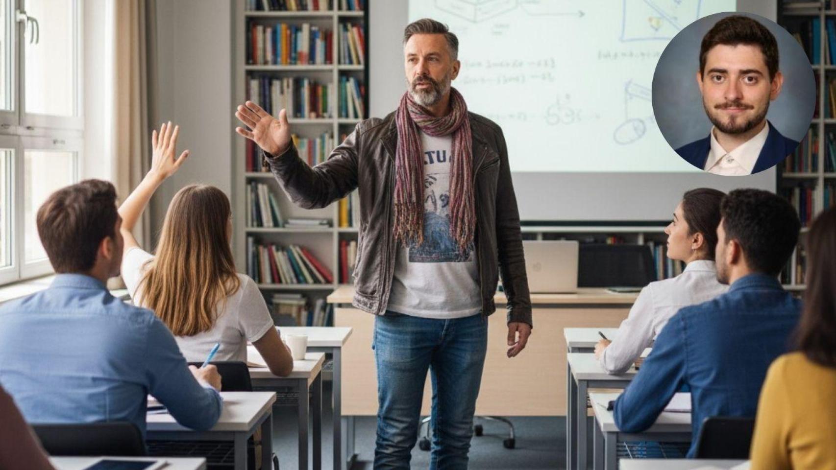 Fotomontaje de Juan Villena y un profesor impartiendo clase en el aula.