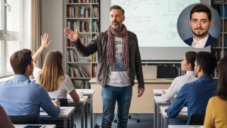 Fotomontaje de Juan Villena y un profesor impartiendo clase en el aula.