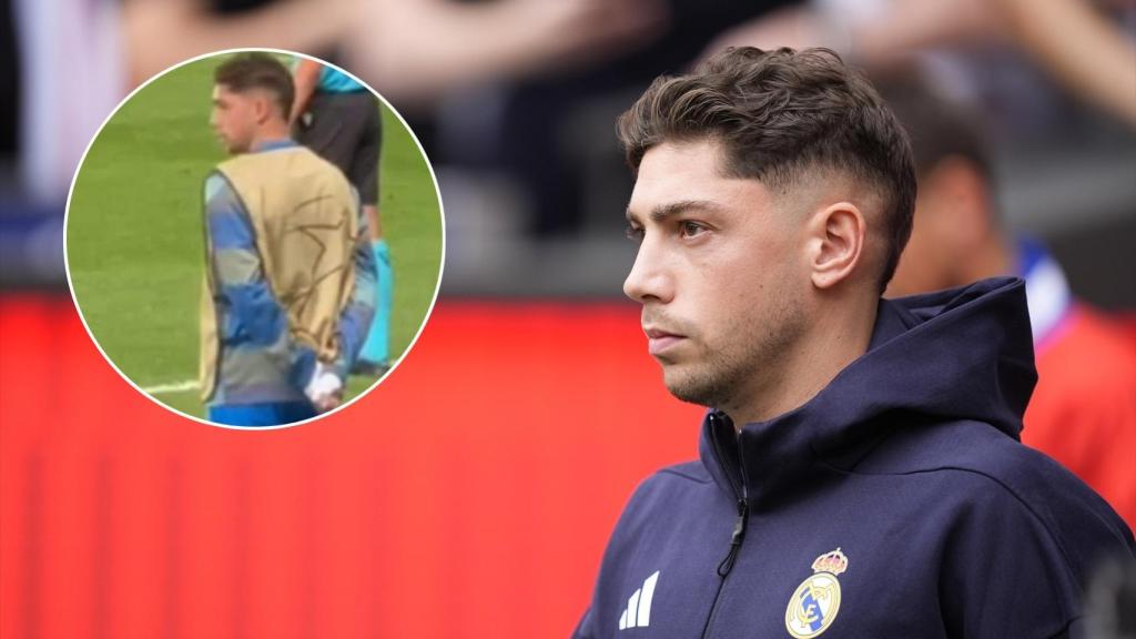 Fede Valverde, en el derbi y durante su calentamiento en Almaty