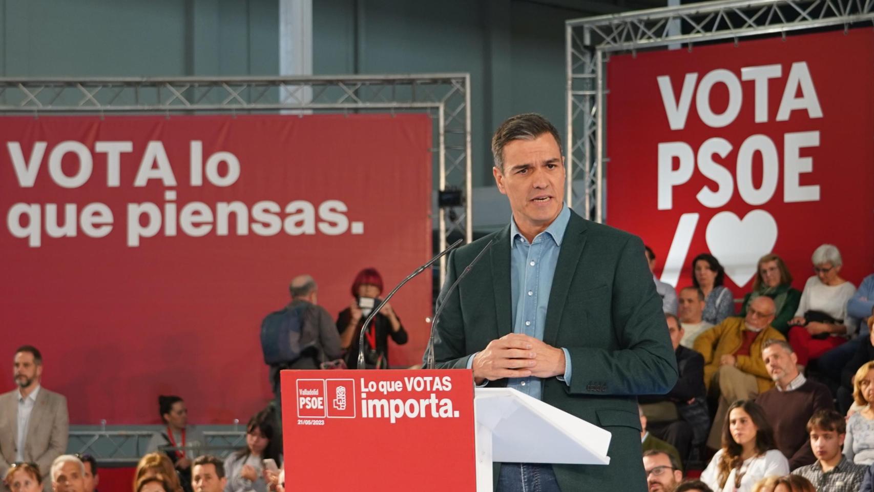 El presidente del Gobierno y secretario general del PSOE, Pedro Sánchez, interviene en un acto en Valladolid en mayo de 2023