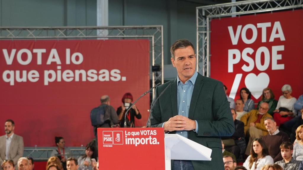El presidente del Gobierno y secretario general del PSOE, Pedro Sánchez, interviene en un acto en Valladolid en mayo de 2023
