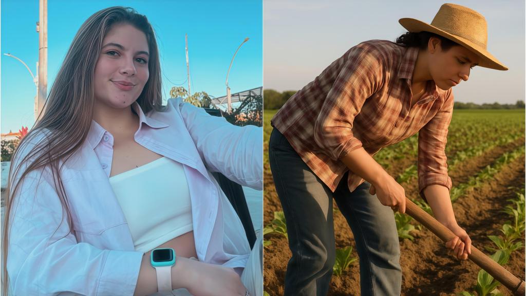 Montaje de Eve junto a la imagen de una mujer que trabaja en el campo