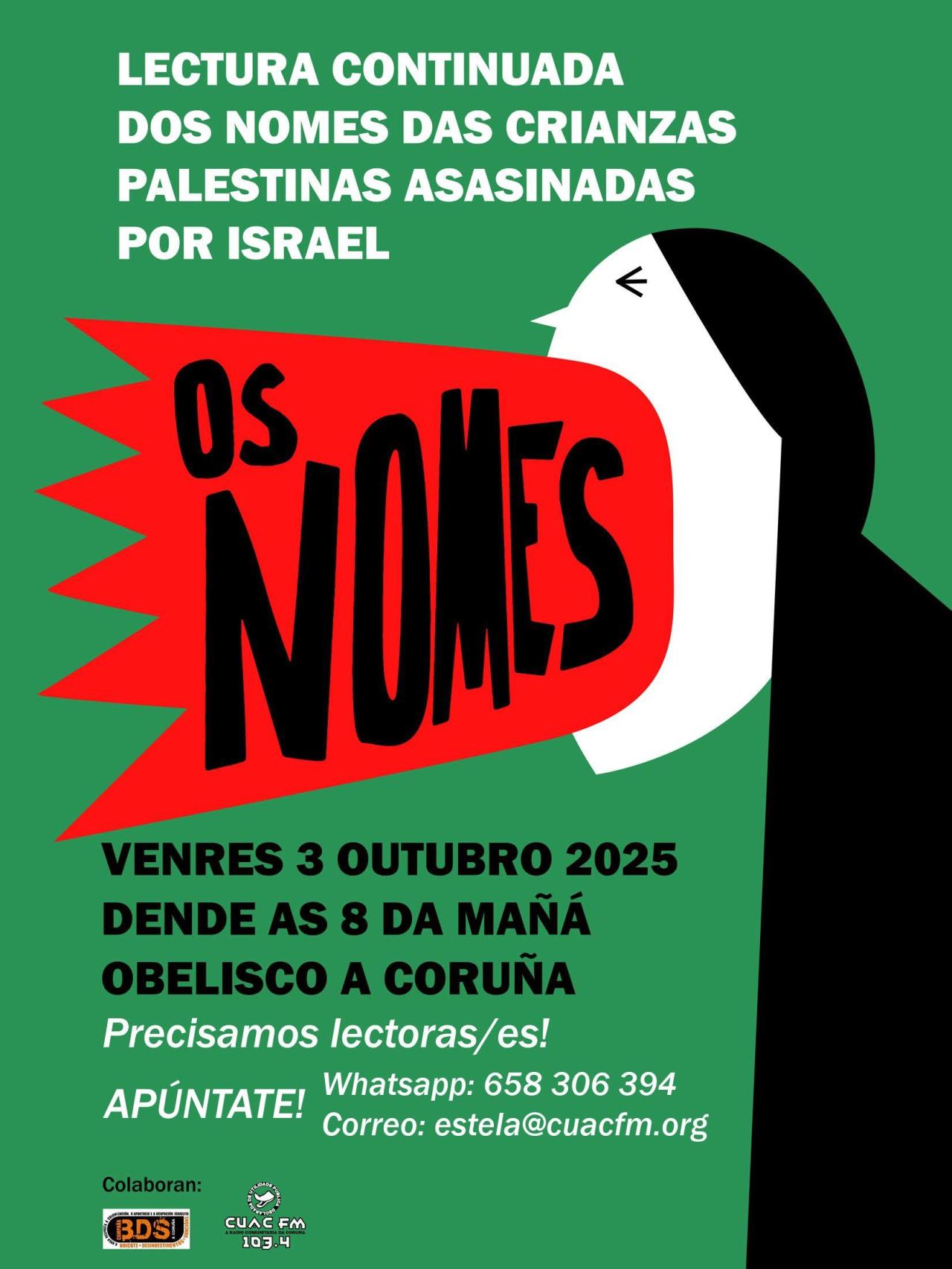 Cartel del acto de lectura de los nombres de niñas y niños asesinados en Palestina.