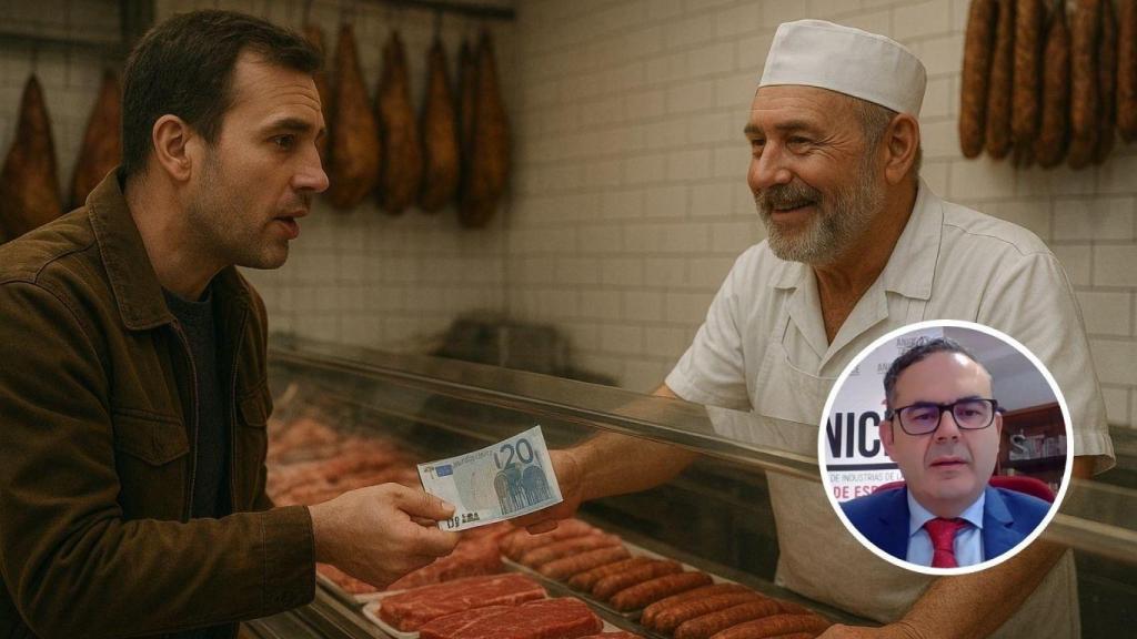 Montaje con Giuseppe Aloisio, economista, y un hombre comprando carne en una charcutería