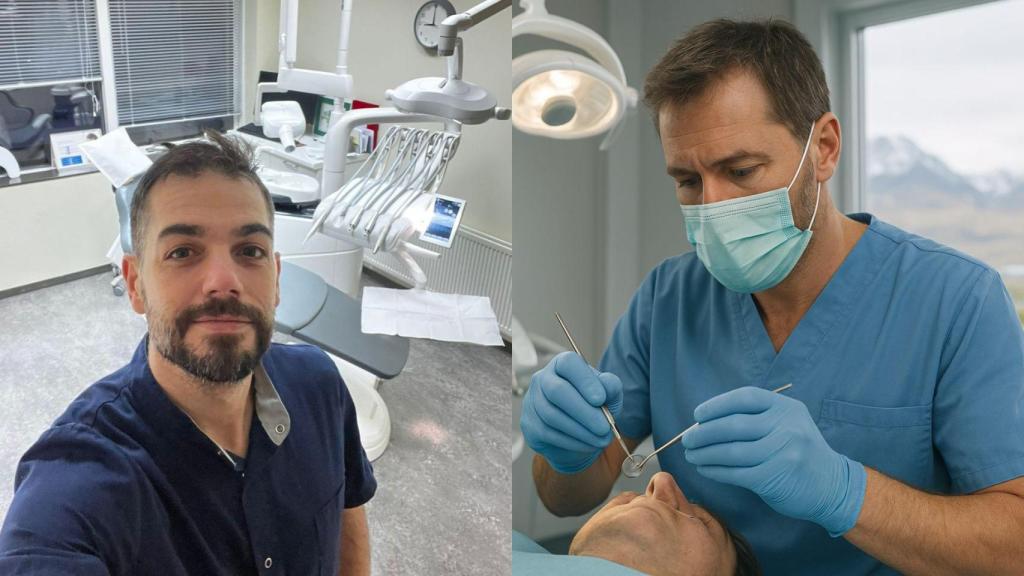 Imagen de Gerard, el dentista español, y una imagen generada por IA de un dentista trabajando en Islandia.