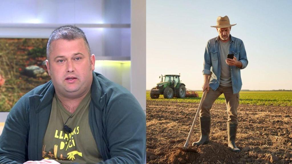 Fotomontaje de Ximo Herrero y un agricultor buscando cobertura en su móvil.