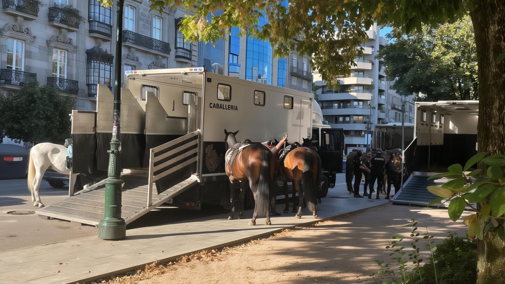 Los caballos de la Unidad de Caballería de la Policía Nacional llegan a Vigo.