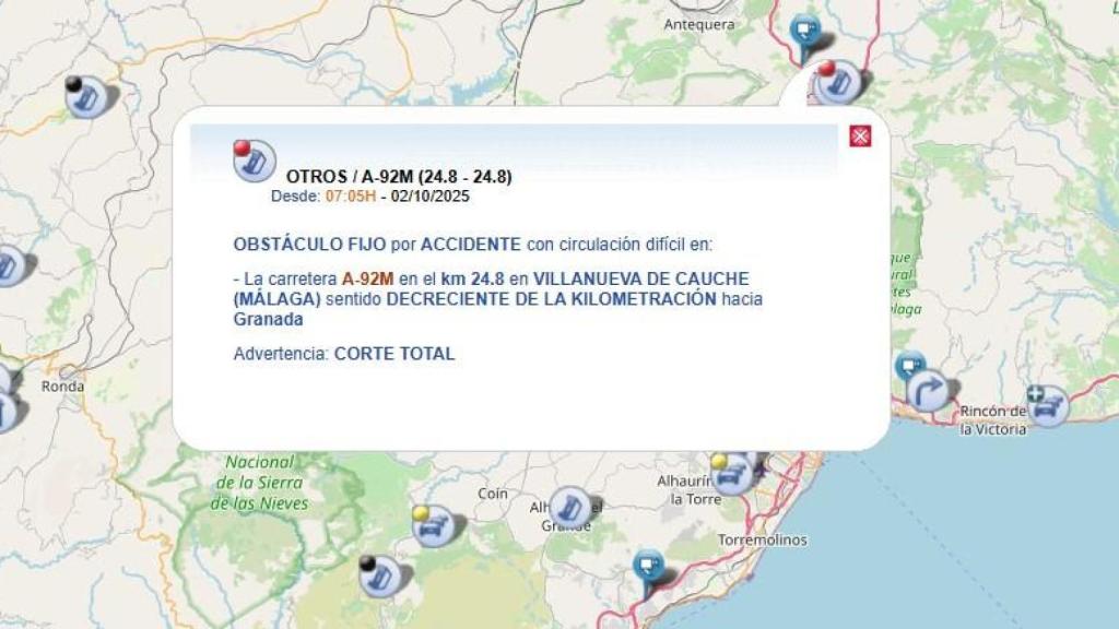 Aviso del 112 Andalucía sobre el accidente ocurrido en Villanueva del Trabuco.