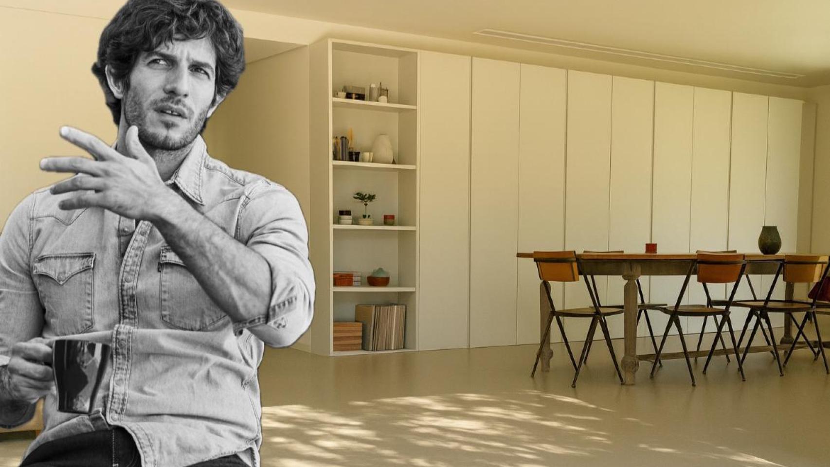 Quim Gutiérrez y el exterior de su casa prefabricada.